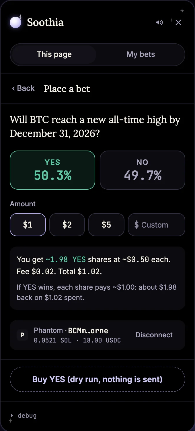 The bet sheet with YES and NO and a one dollar stake