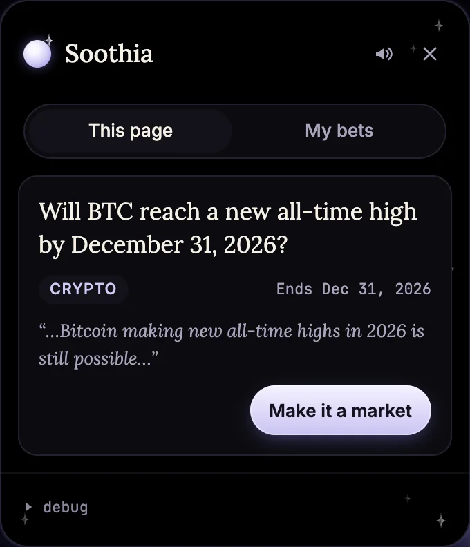 The Soothia card with a claim it found on a post, ready to become a market
